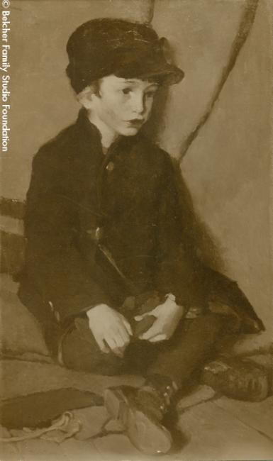 Black anb White Reproduction of "Red Mitts" by Hilda Belcher.